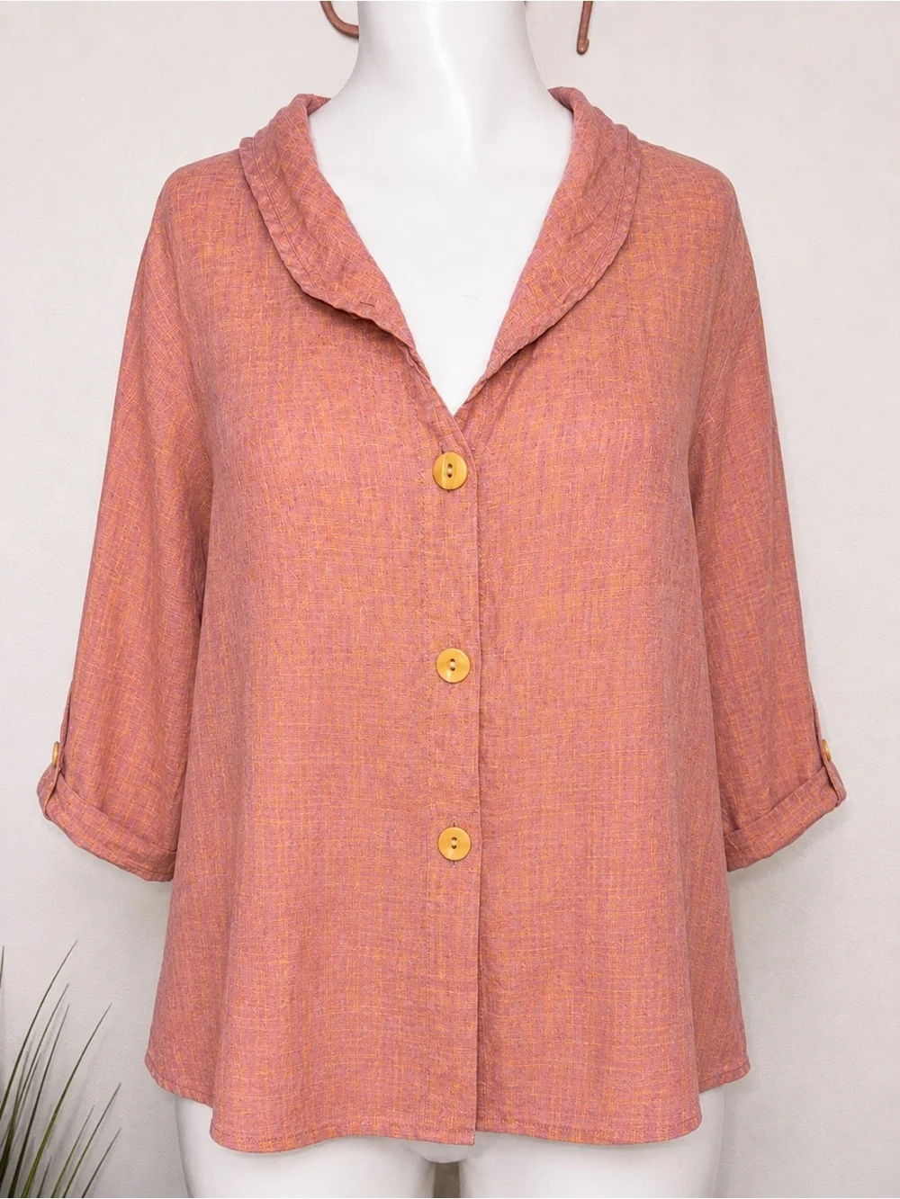 FLAX Jeanne Engelhart Pink Mauve Linen Button Front Top Large